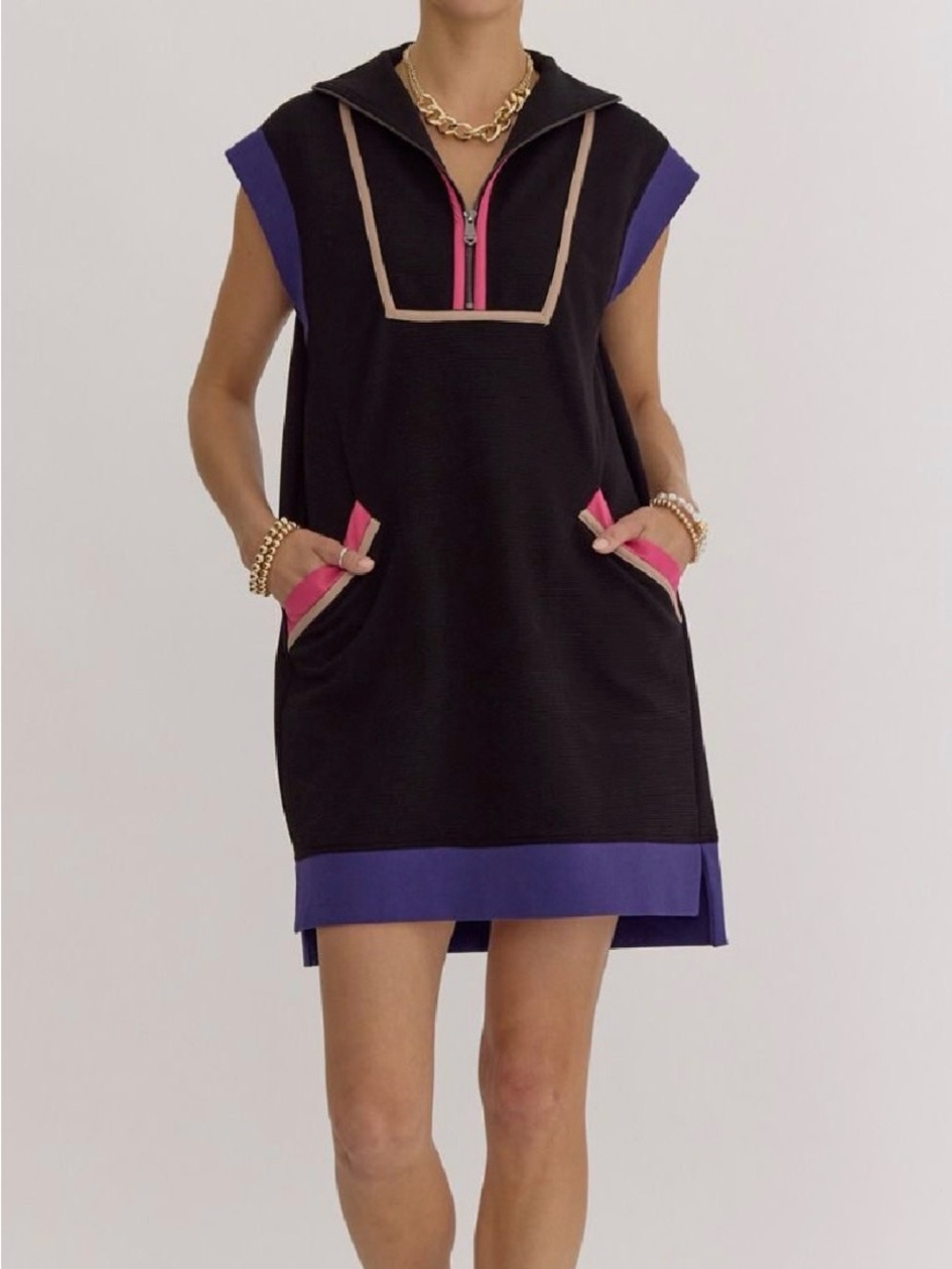 Entro Colorblock Knit Shift Mini Dress Mock Neck Half-Zip Pockets Women L